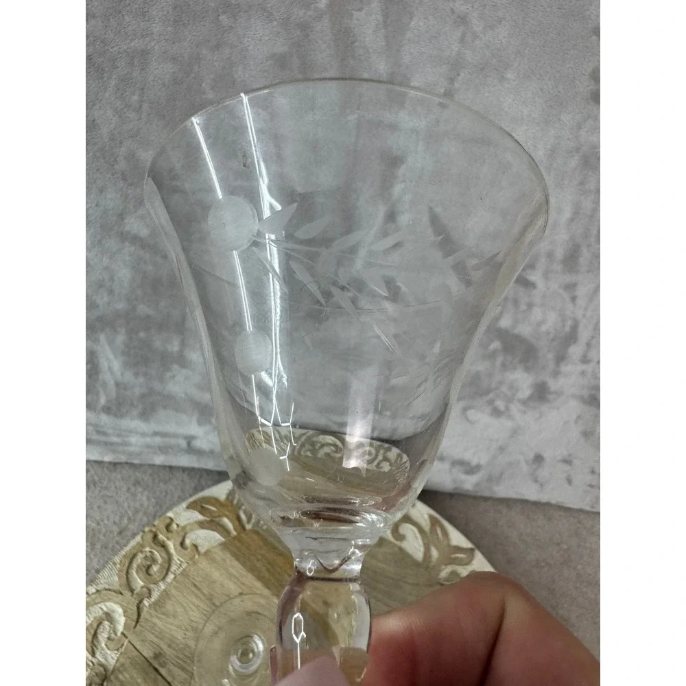 Vintage Etched Floral Crystal Cordial Glasses Set of 2 Clear Stemware 4.5in